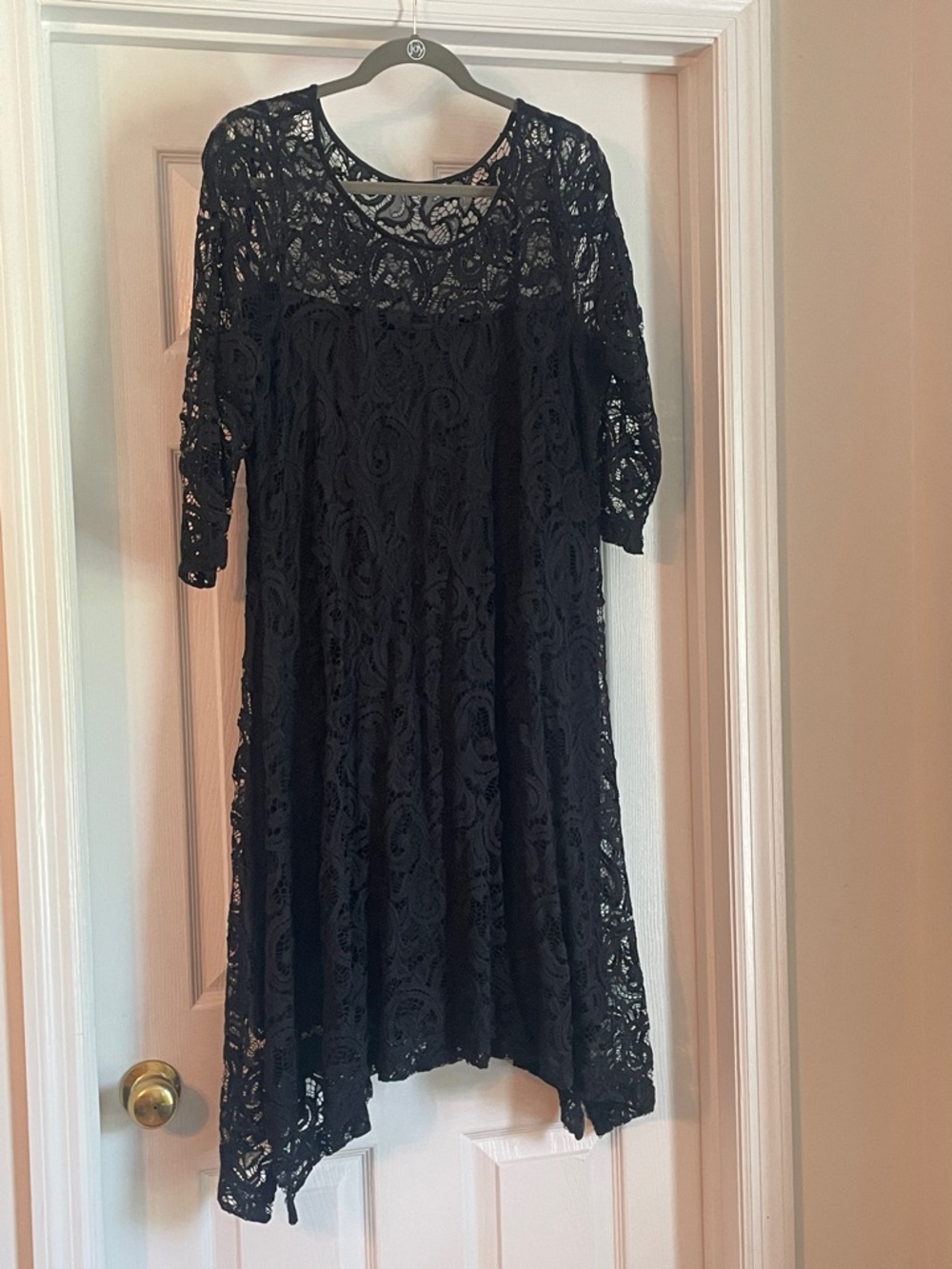 Lane Bryant Black Lace Midi Dress with Scoop Neck and Three-Quarter Sleeves